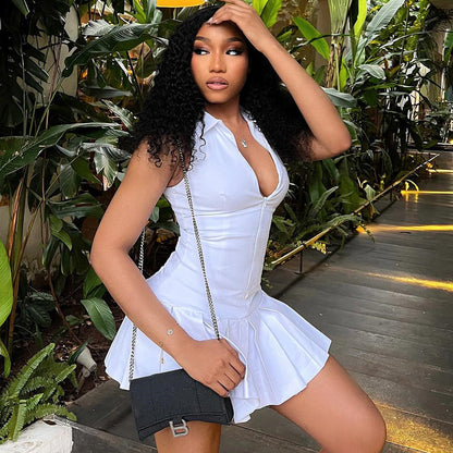 Sleeveless Collared Zipper Dress Casual Pure Color Mini Dress