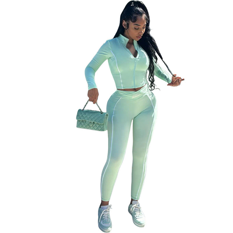 Women鈥檚 Sexy Cropped Long Sleeve Top And Slim-Fit Pants Set