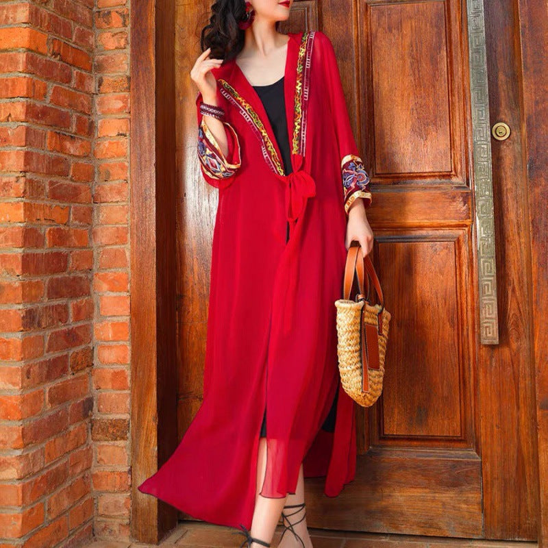 Ethnic Style Sunscreen Cardigan Women'S Thin Desert Hooded Jacket Embroidered Retro Chiffon Beach Blouse Loose Outside