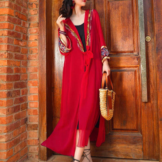 Ethnic Style Sunscreen Cardigan Women'S Thin Desert Hooded Jacket Embroidered Retro Chiffon Beach Blouse Loose Outside