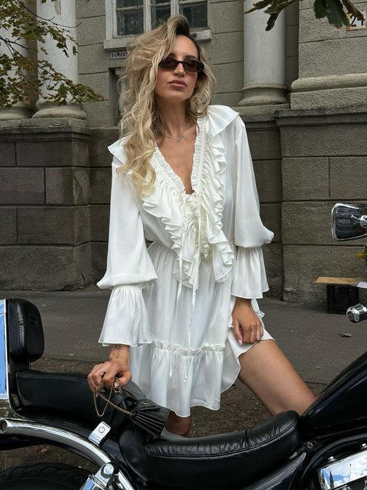 V-Neck Flare Sleeve Chiffon Dress Casual Elegant Short Dress