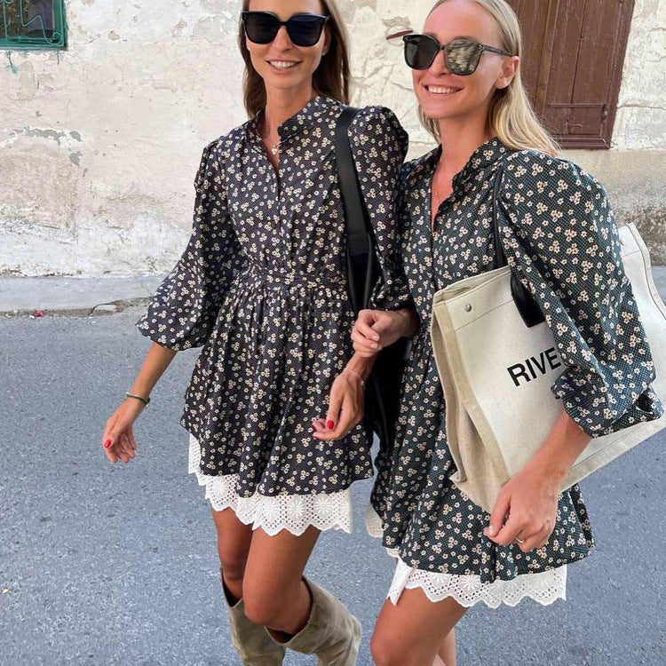 Elegant Floral Print A-Line Dress with Puff Sleeves