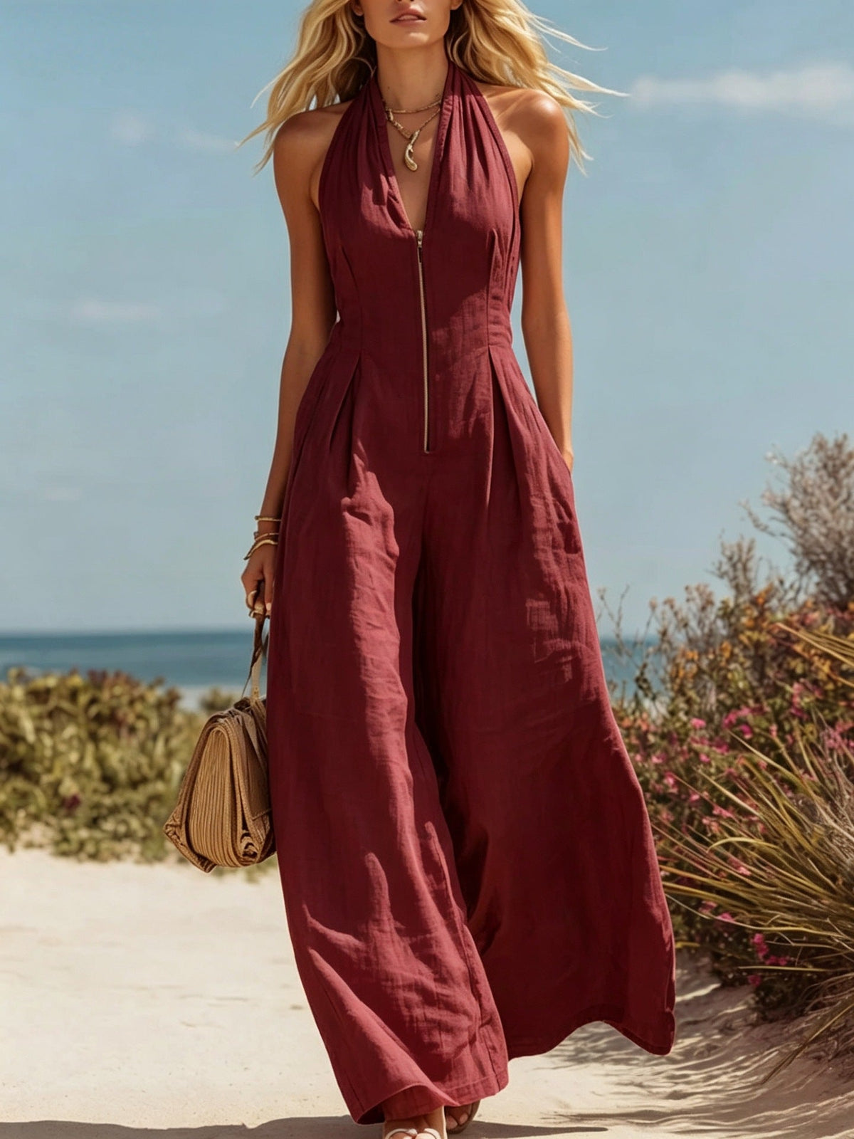 Halter Zip Front Wide Leg Linen Vacation Jumpsuit