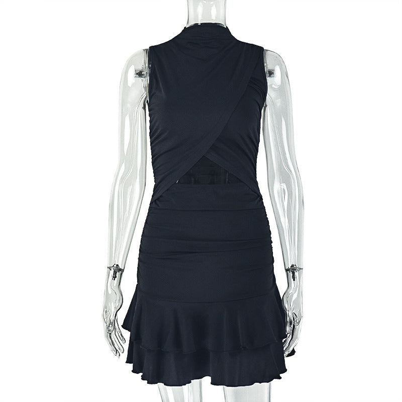 Solid Color Pleated Waist A-Line Mini Dress With Ruffle Hem