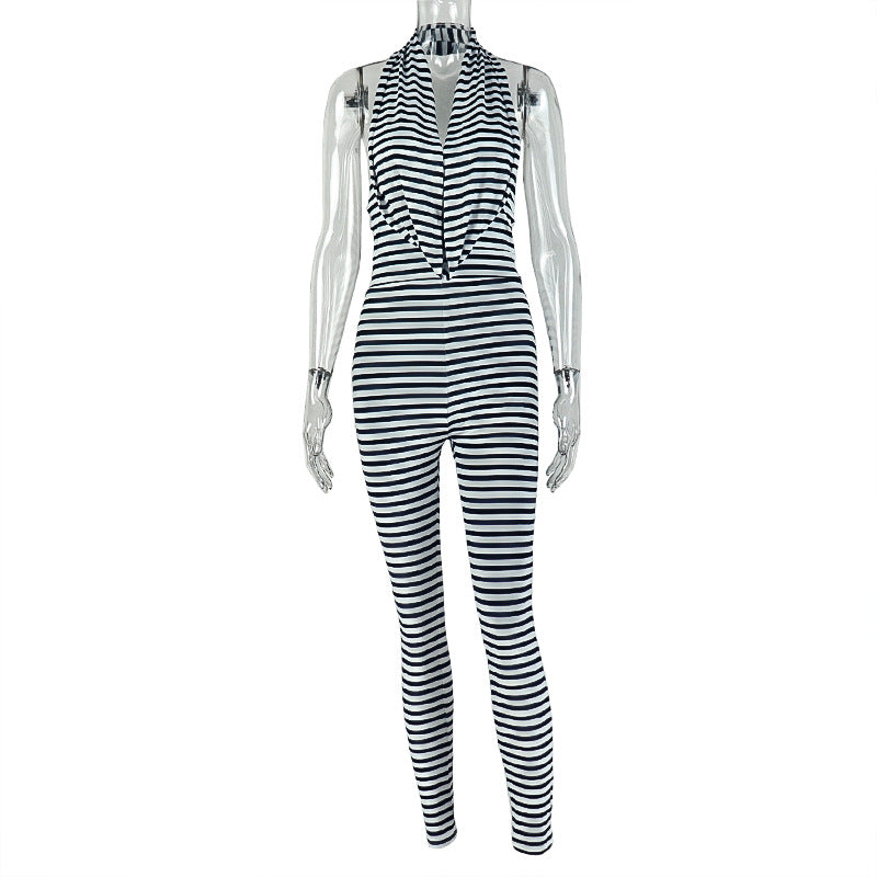 Trendy Striped Print Bodycon Sleeveless Jumpsuit