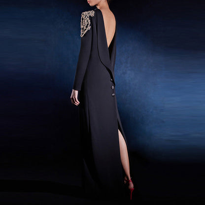 Backless Long Gown with Beaded Details