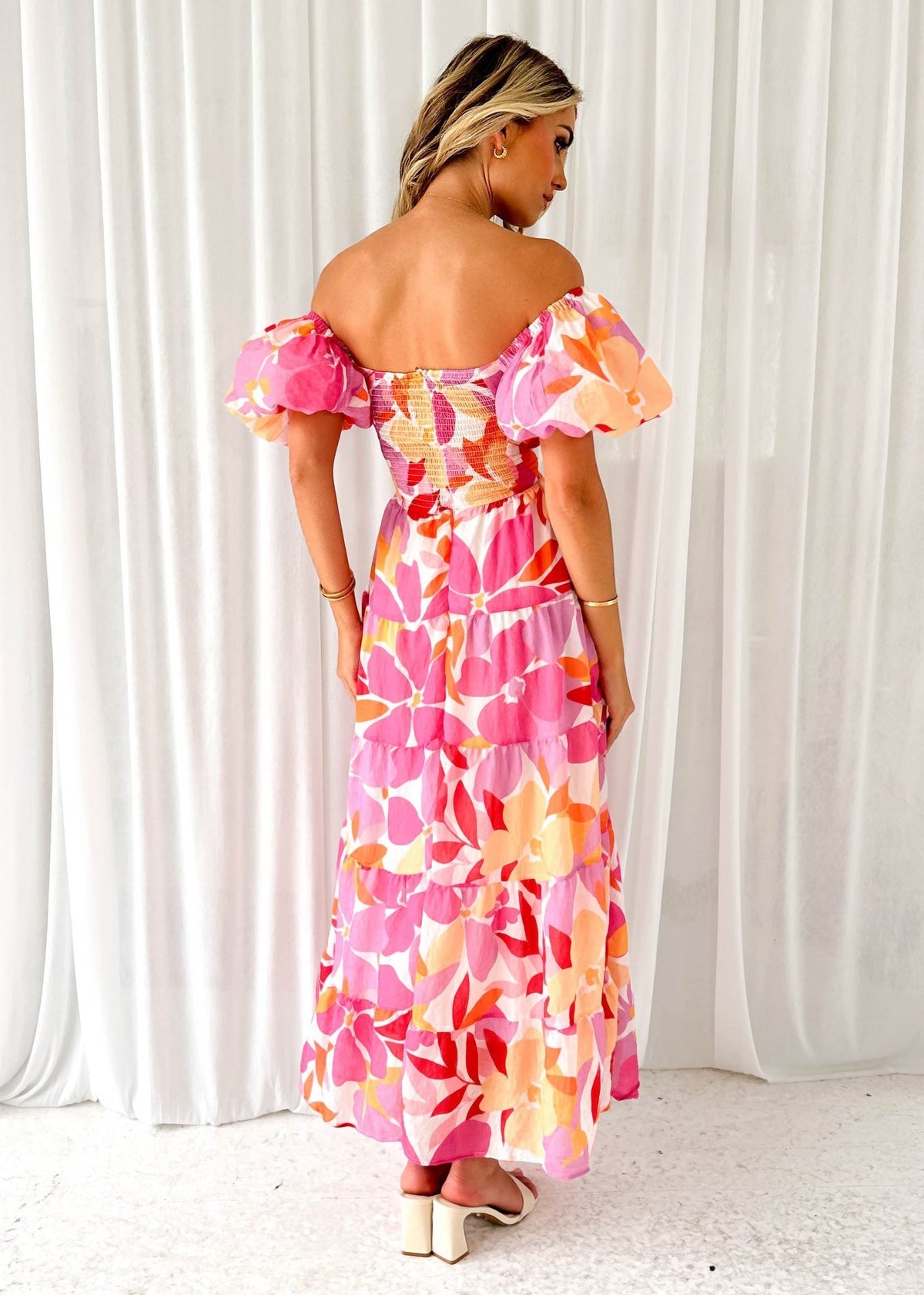 Floral Backless Puffy Sleeves Long Dress