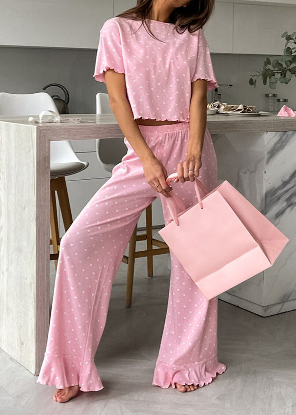 Polka Dot Cotton Lounge Set with Ruffle Hem