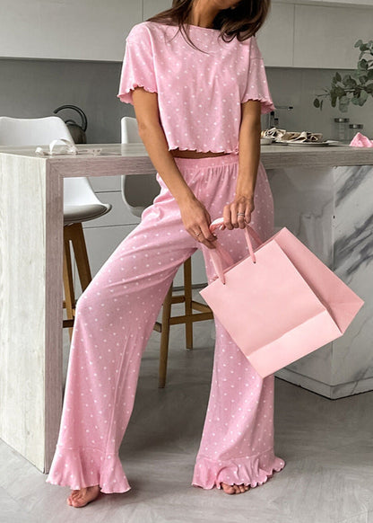 Polka Dot Cotton Lounge Set with Ruffle Hem