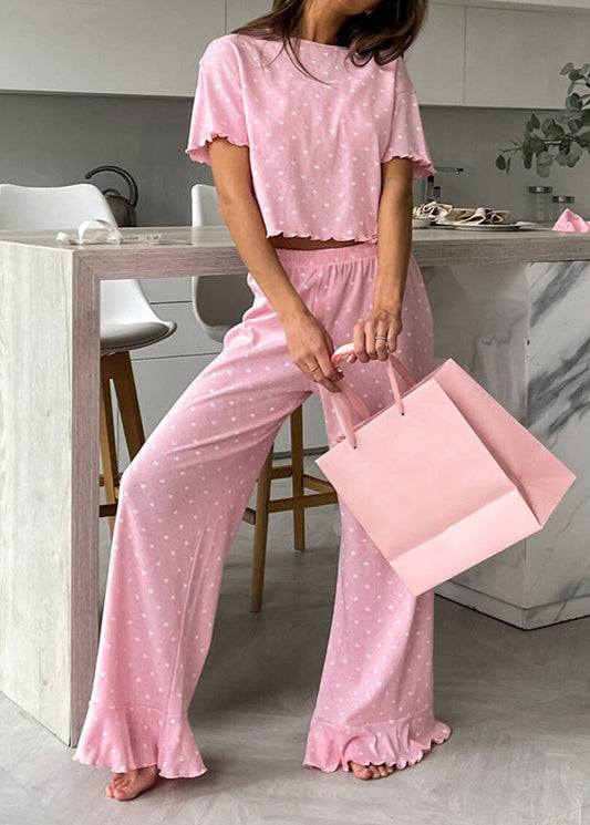 Polka Dot Cotton Lounge Set with Ruffle Hem