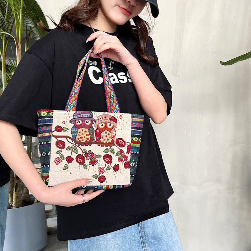 Bohemian Floral Embroidered Tote Bag Stylish Canvas Shoulder Bag
