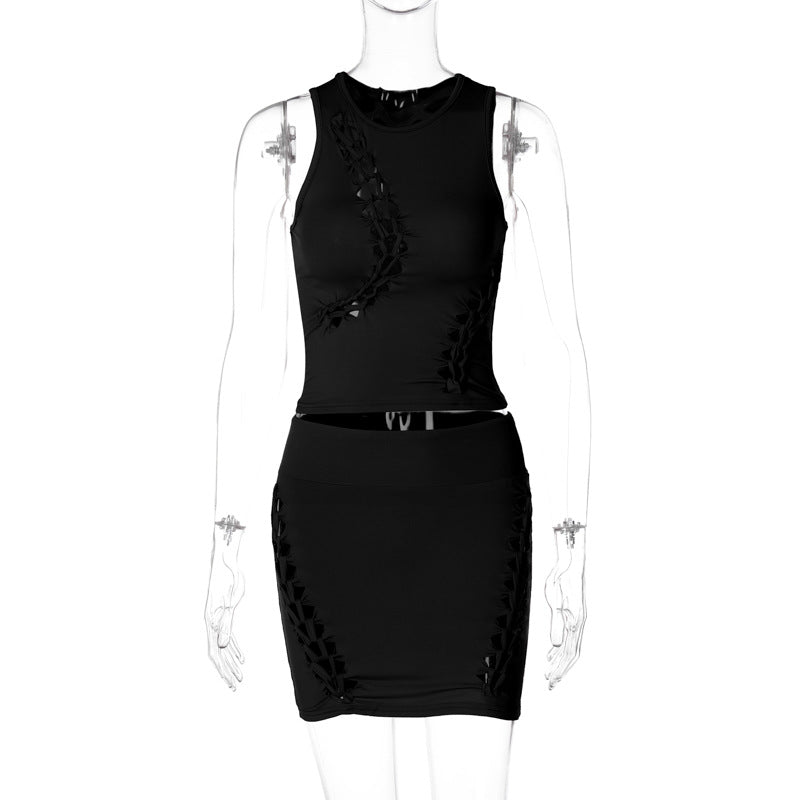 Stylish Sleeveless Hollow Out Top And Skirt Set