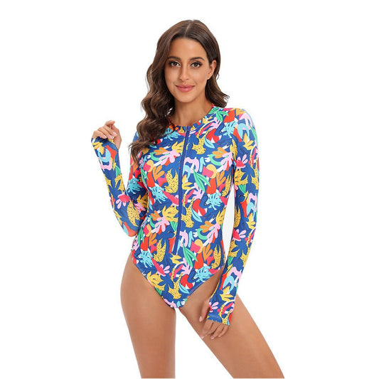 Women'S One Piece Long Sleeve Surfwear Multicolor Print Zip Swimsuit
