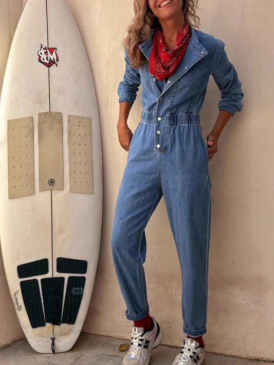 Trendy Pocket Denim Jumpsuit with Elastic Waist