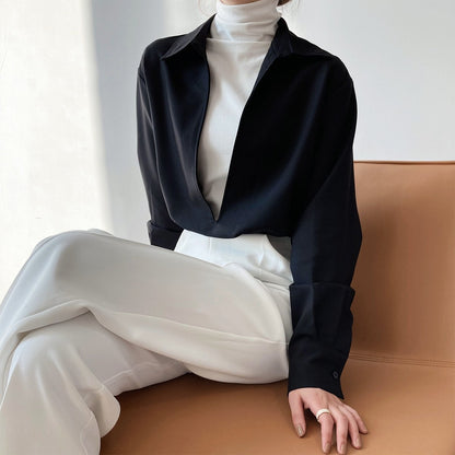 Design Sense Light Mature Long Sleeve V-Neck Shirt Women'S Fashion Overlay Top