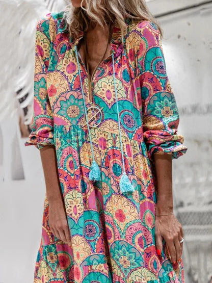 Sexy V-Neck Long-Sleeved Print Swing Dress