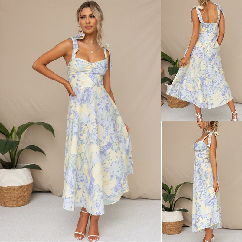 New Slim Fit Slim Waist V-Neck Strap Print Mid Length Dress For Women