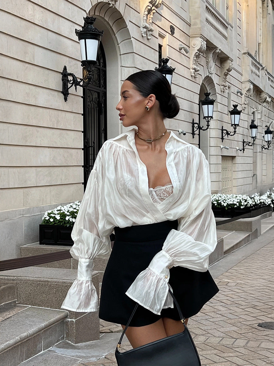 Elegant Lantern Sleeve Viscose Blouse Casual Top