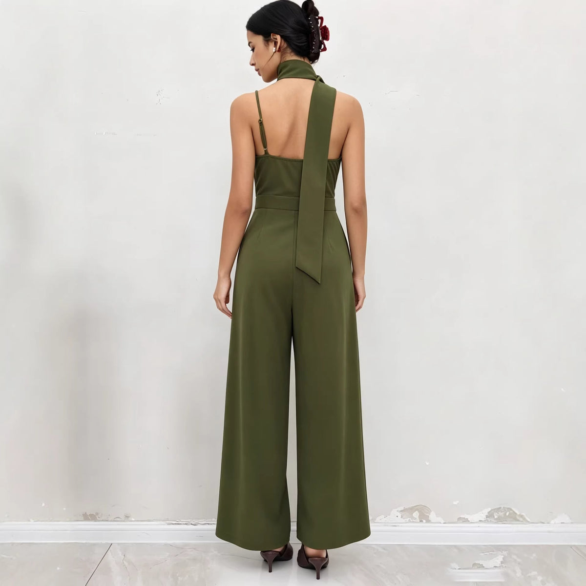 Elegant Olive Green Halter Wide-Leg Jumpsuit