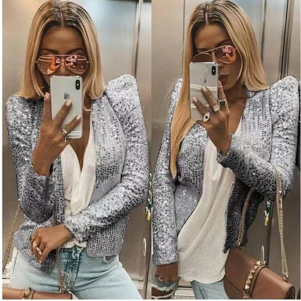 New Women'S Fashion Stand-Up Collar Color Block Color Sequin Coat Short Casual Versatile Small Coat