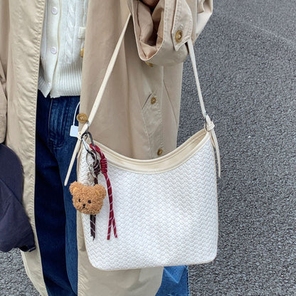 Trendy Woven Texture Bucket Tote Bag Large Capacity Casual Shoulder Bag