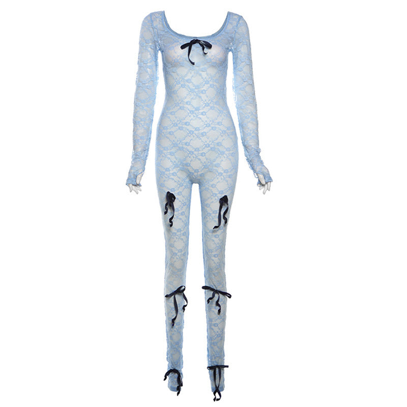 Sensual Sheer High-Waisted Lace Bodysuit With Long Sleeves