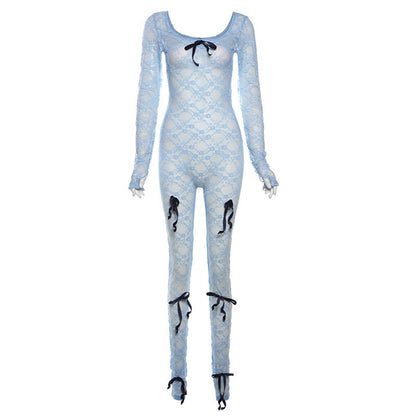 Sensual Sheer High-Waisted Lace Bodysuit With Long Sleeves