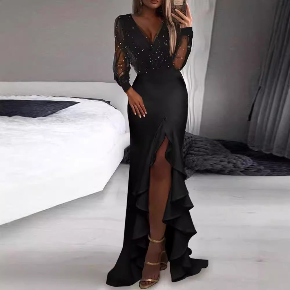 Elegant Black Sheer Sequined Maxi Dress For Casual Outfits