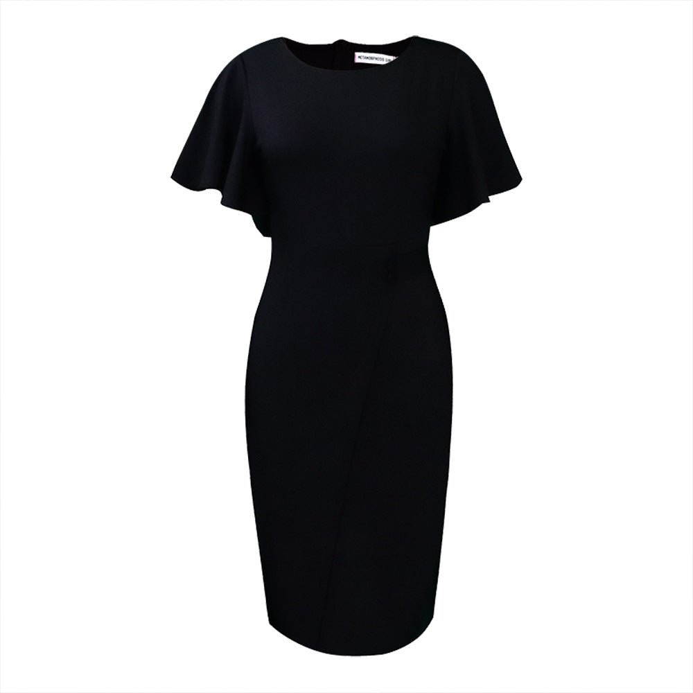 Elegant High-Waisted Ruffle Sleeve Office Dress