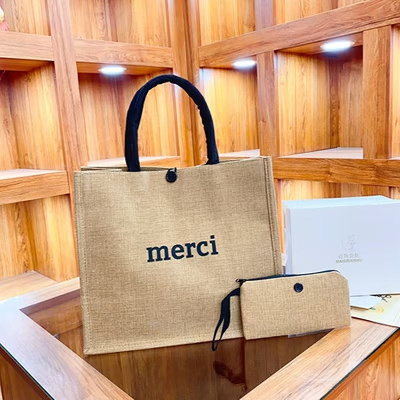 Stylish Linen Tote Bag with Floral Print Eco-Friendly Shopping Bag