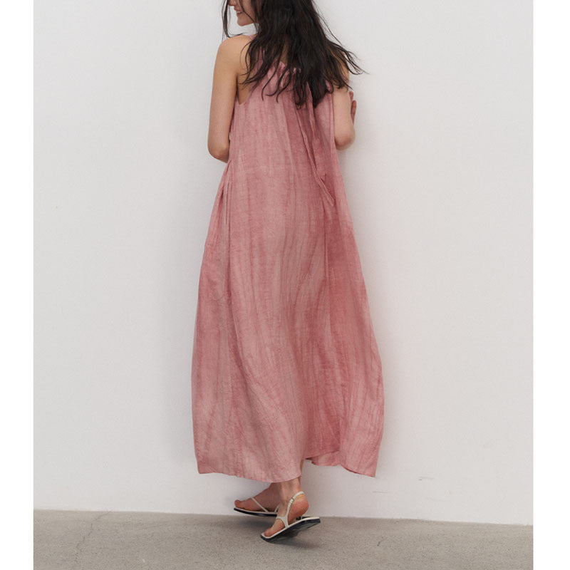 Summer New Plant Dyed Linen Strap Dress Women'S Loose And Slim Large Swing Dress Pleated Sleeveless Shoulder Cut Long Dress