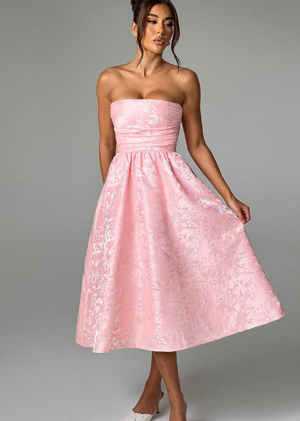 Strapless Jacquard Midi Dress with Corset Back