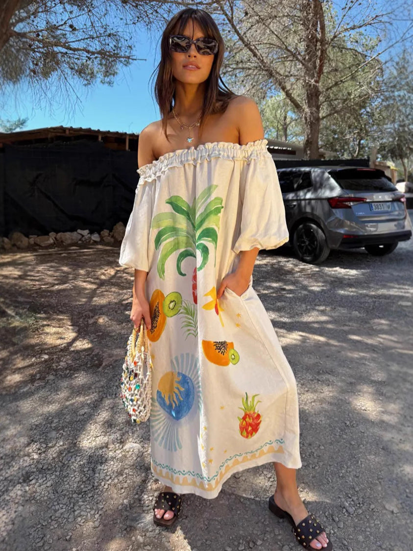 Floral Print Linen Off-Shoulder Maxi Dress