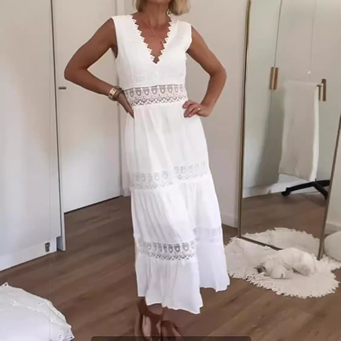 Elegant V-Neck Lace Midi Dress With 3D Pattern