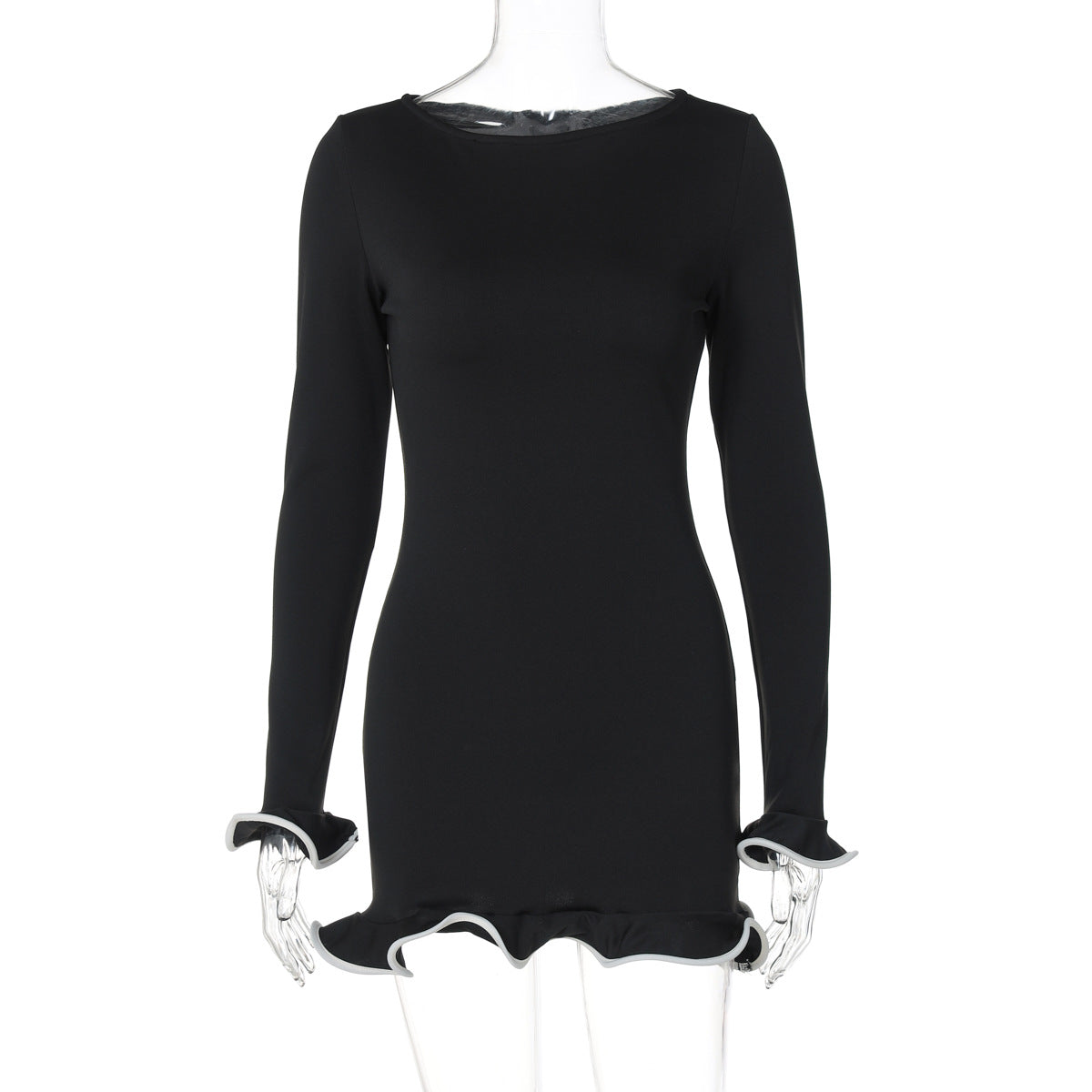 Sexy Ruffled Hem Dress Long Sleeve Knitted Mini Dress