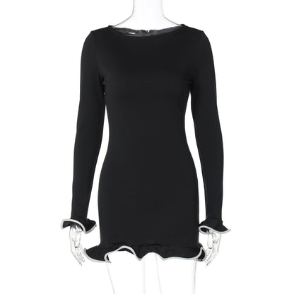 Sexy Ruffled Hem Dress Long Sleeve Knitted Mini Dress