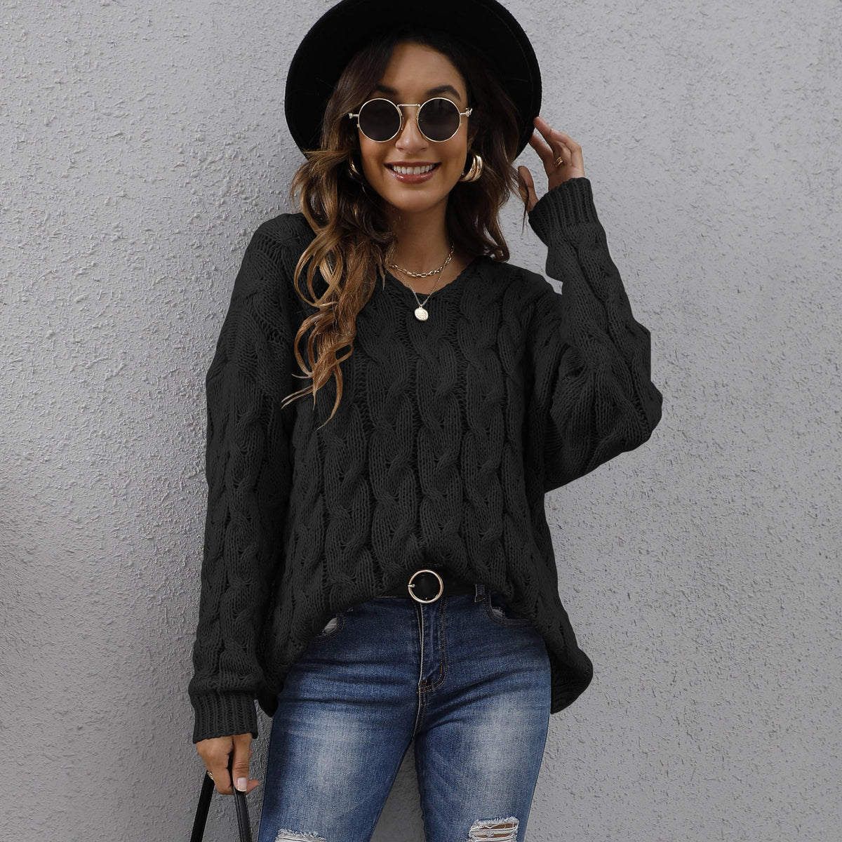 Fashionable Chunky Knit V-Neck Hoodie Sweater For Women