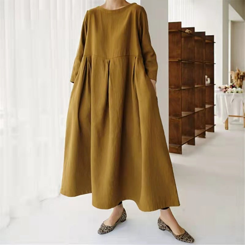 Loose Plus-Size Dress Fat Japanese Cotton And Linen Round Neck Pullover Solid Color Long Skirt Big Swing Dress