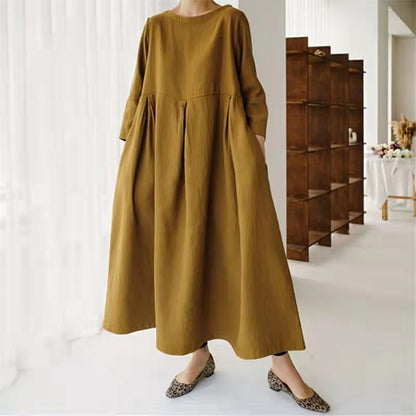 Loose Plus-Size Dress Fat Japanese Cotton And Linen Round Neck Pullover Solid Color Long Skirt Big Swing Dress