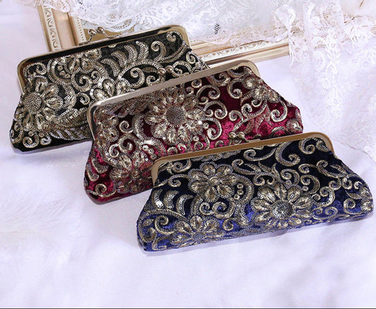 Vintage Sequin Evening Clutch Bag Velvet Cocktail Purse