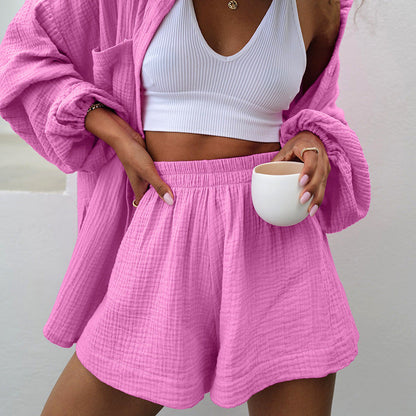 2 Pcs Casual Cardigan Shorts Lounge Pajamas Set