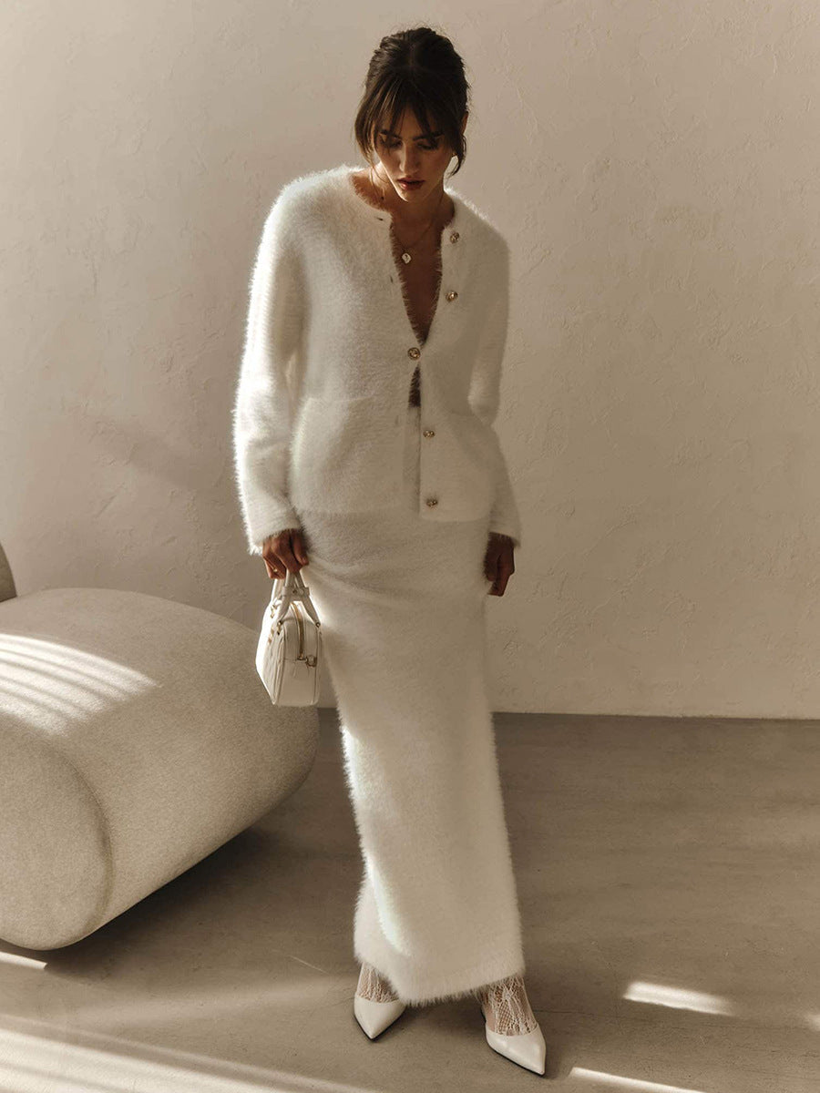 Elegant Long Sleeve Cardigan And Skirt Set - White