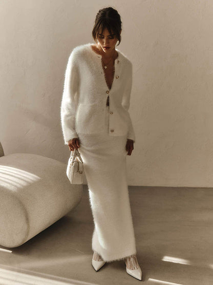 Elegant Cardigan And Midi Skirt Set In White