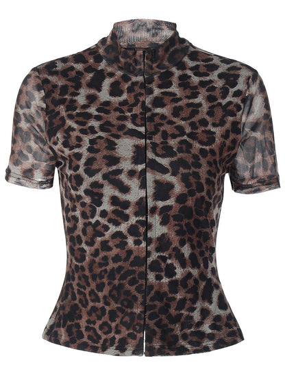 Leopard Print Short Sleeve Top Slim Fit Trendy Streetwear