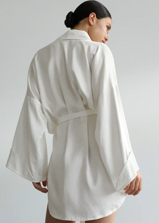 Satin Lace Trim Robe With Adjustable Waist Tie