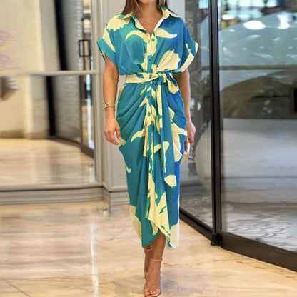 Women'S Printed Polo Collar Short Sleeve High Waist Long Shirt Dress