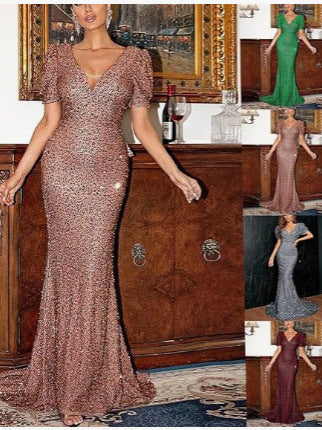 V-Neck Sequin Bodycon Maxi Dress With Lantern Sleeves
