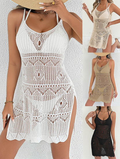 Sleeveless Beach Dress With Deep V Neck And Open Split