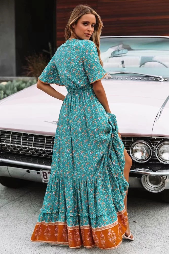 Bohemian Summer High Waist Lace Up V-Neck Loose Large Hem Dress Seaside Long Dress