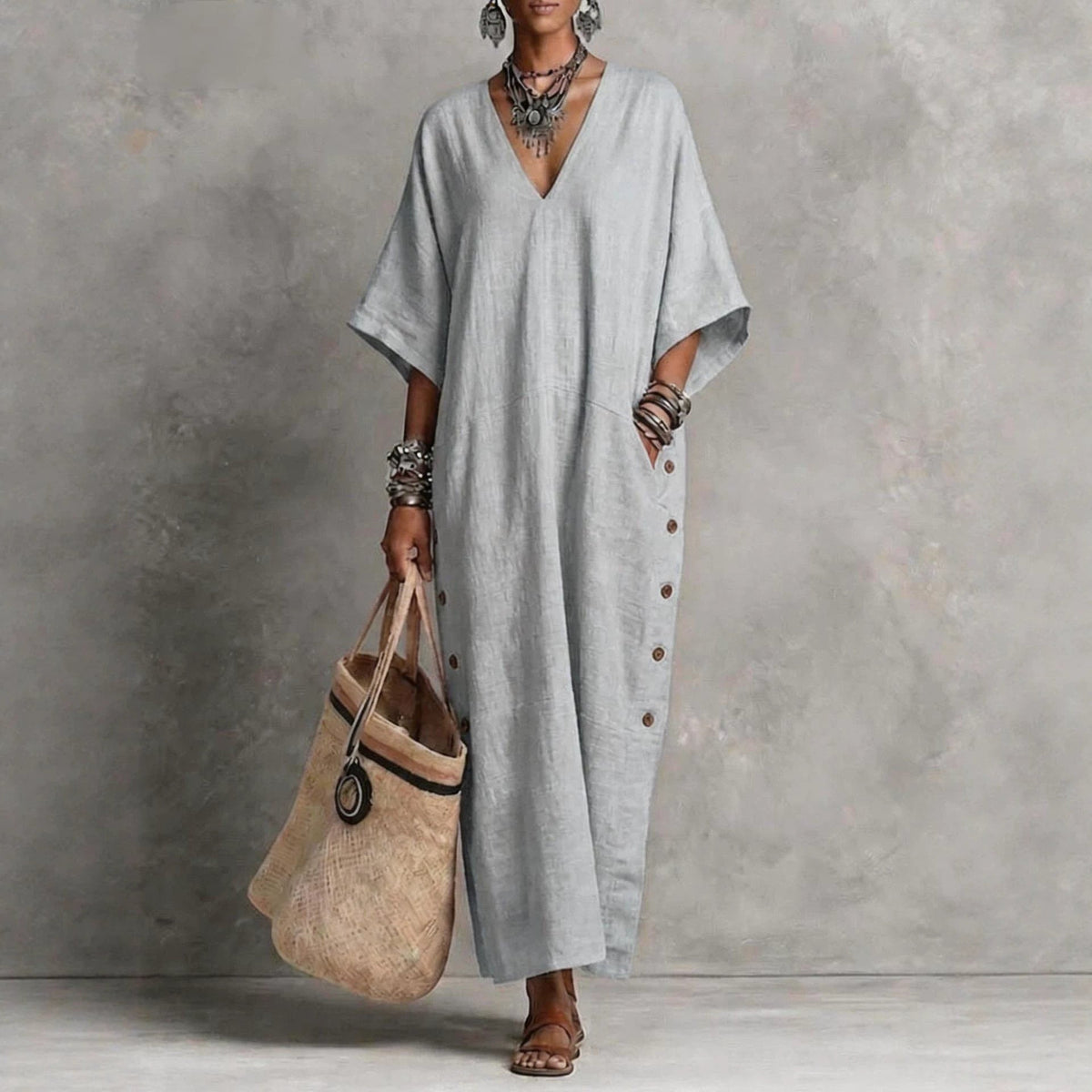 Natural Linen V-Neck Batwing Side Button Slit Maxi Kaftan Dress